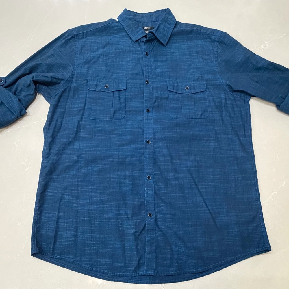 Alfani Men's Dark Blue Button-Down Shirt with Chest Pockets, Large